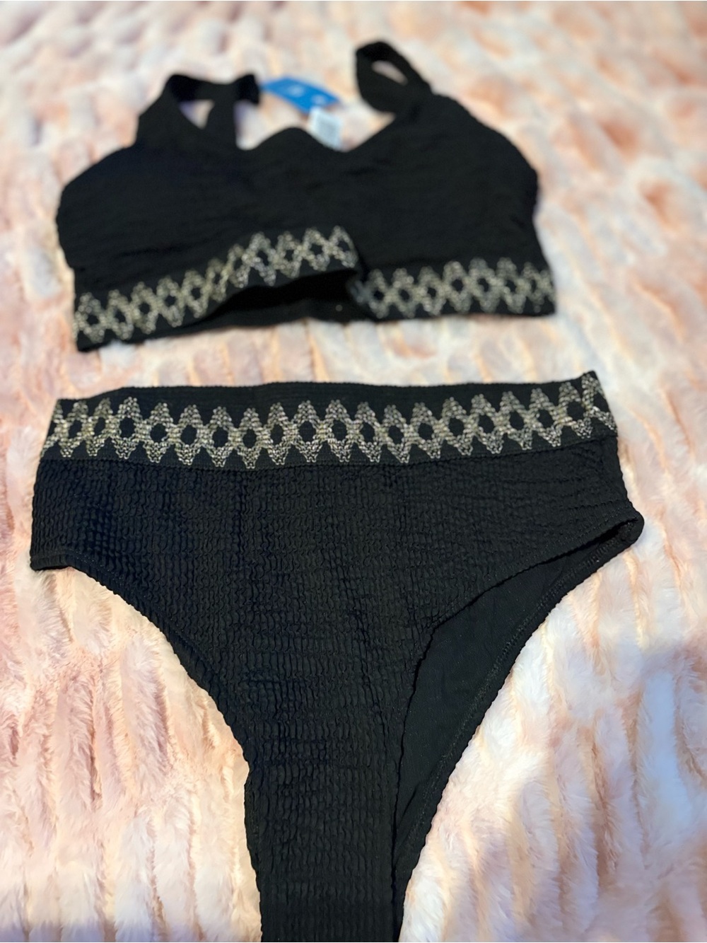Cupshe Black Bikini Set with Silver Embroidered Trim